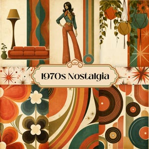 Könnte beinhalten: Eine digitale Collage mit Grafiken im Stil der 1970er Jahre, darunter eine Person in Schlaghosen, ein Sofa, eine Stehlampe, hängende Pflanzen, große Blumenmuster, konzentrische Kreise und Schallplatten, mit dem Text 1970s Nostalgia in der Mitte.