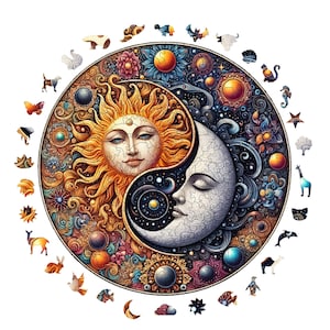 May include: A circular jigsaw puzzle featuring a yin-yang design with a golden sun face on the left and a silver moon face on the right. The surrounding border is filled with intricate floral and celestial patterns, accompanied by various animal-shaped pieces.
