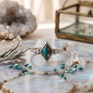 Sterling Silver Diamond Turquoise Ring, Boho Tribal Kite Cut Gemstone