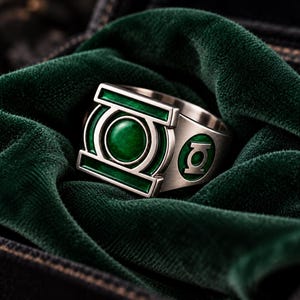 Op de afbeelding: Een zilverkleurige metalen ring met een opvallend rechthoekig voorvlak, een centrale ronde groene inleg en het Green Lantern-symbool. De band bevat aan de zijkant een kleinere ronde groene inleg, eveneens met het Green Lantern-logo.
