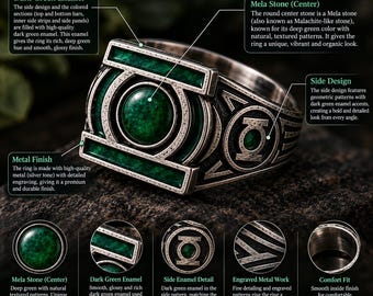 Mela Kite Stone Lantern Power Ring, Dark Green Enamel, Gothic Fantasy Jewelry
