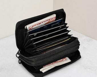 RFID Blocking Black Leather Wallet for Women | Zip-Around Card Case with Coin Pouch