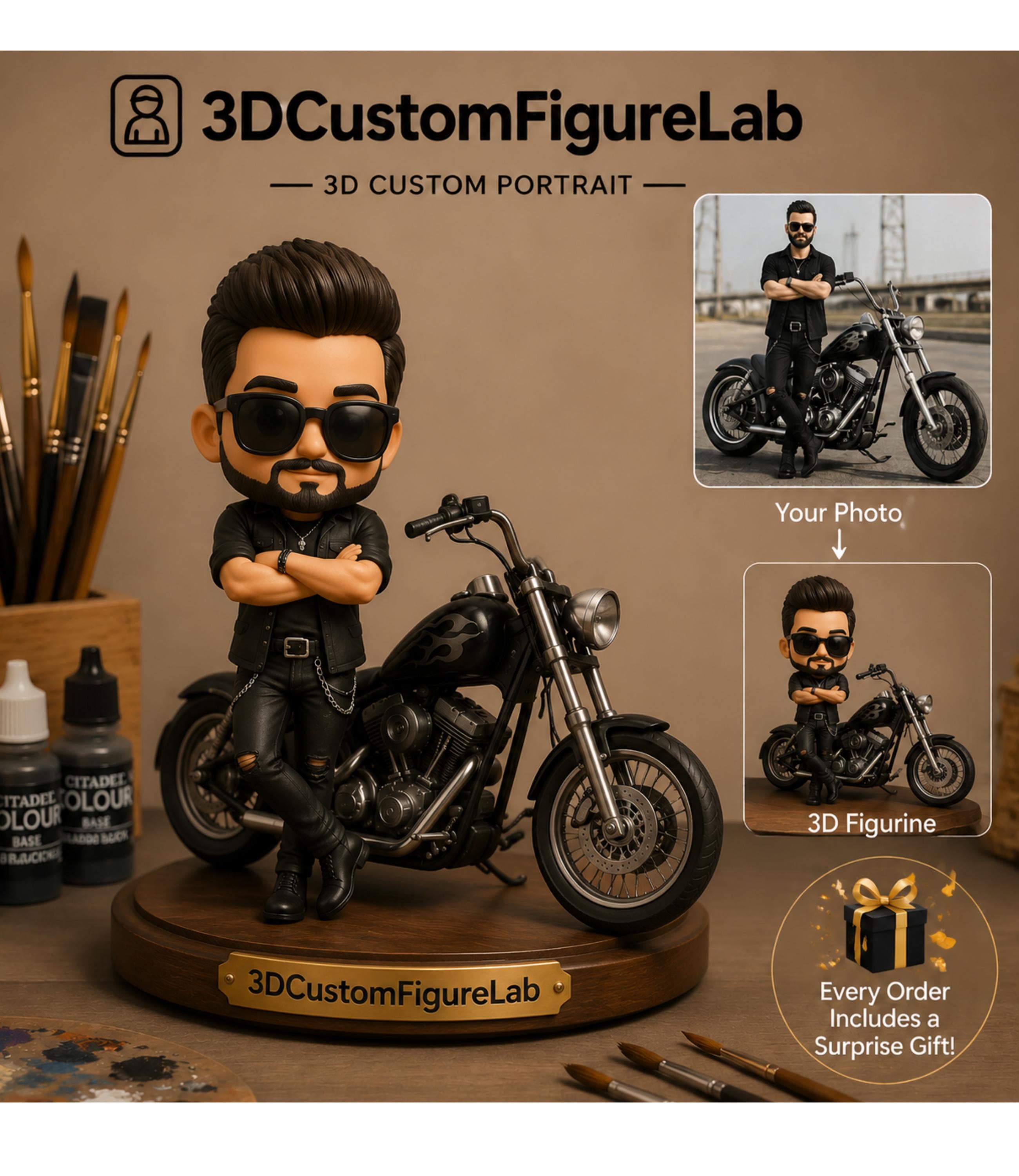 Personalized 3D Figurine From Photo, Custom Motorcycle Statue, Biker Gift For Men, 3D Printed Portrait Sculpture, Unique Keepsake Gift