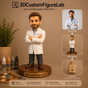 Figura de médico personalizada impresa en 3D diseñada a partir de tu foto, estatua coleccionable personalizada de un profesional médico.