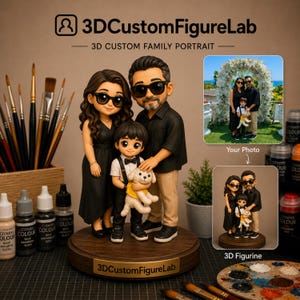 May include: A custom 3D family portrait figurine set featuring a woman in a black dress, a man in a black shirt and tan pants, and a child in a white shirt with a bowtie, all wearing sunglasses. The figures hold a small white dog with a yellow shirt.