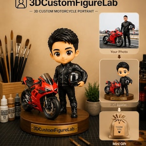 May include: A custom 3D figurine of a person with dark hair wearing a black leather jacket and pants, holding a black helmet, standing next to a red sport motorcycle on a round wooden base with a 3DCustomFigureLab plaque and a gift bag.