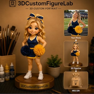 Skapa en personlig 3D-cheerleaderfigur från ditt foto. Personlig cheerleading-present, minifigurstaty och unikt sportminne.