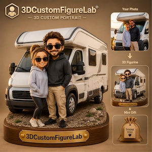 May include: A custom 3D figurine set featuring a cartoon-style couple standing in front of a white camper van. The base includes a gold plaque reading 3DCustomFigureLab. The set includes a photo reference, the figurine, and a small gift bag with a tag.