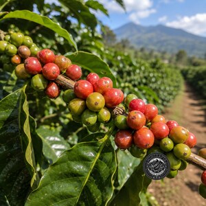 Op de afbeelding: Een koffietak vol rijpende koffiebessen in tinten van levendig rood, oranje en groen, bevestigd aan een houtachtige stengel met glanzende donkergroene bladeren, voorzien van een rond zwart logo met de tekst WINCRAFT COFFEE ROASTERS.