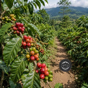 Può includere: Un ramo di pianta di caffè carico di grappoli di ciliegie di caffè rosse e verdi in maturazione, con foglie verde scuro lucide. Un logo circolare nero con il testo MINCRAFT COFFEE ROASTERS è visibile nell'angolo in basso a destra.