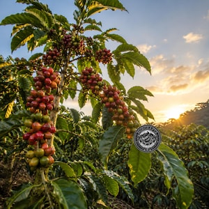 Op de afbeelding: Een koffieplant met trossen rijpende rode en groene koffiebessen aan de takken, voorzien van grote groene bladeren en een rond zwart logo met de tekst Mincrafta Coffee Roasters zichtbaar aan de rechteronderkant van de plant.