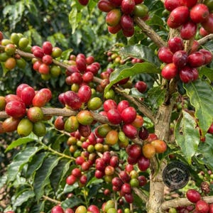 Könnte beinhalten: Ein Kaffeepflanzenzweig mit Trauben reifender Kaffeekirschen in verschiedenen Entwicklungsstadien, die von Grün über Gelb zu tiefem Rot wechseln, befestigt an holzigen Stielen inmitten dunkelgrüner, glänzender, ovaler Blätter.