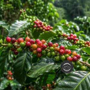 May include: A coffee plant branch with clusters of ripening coffee cherries in shades of red, orange, and green, surrounded by dark green leaves. A circular black and white logo with the text MINCRAFT COFFEE ROASTERS is visible on a leaf.