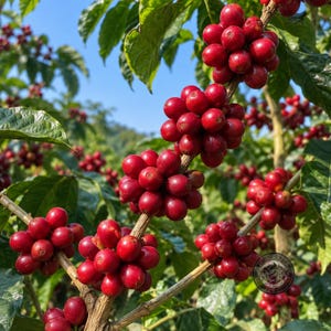 Puede incluir: Racimos de cerezas de café de color rojo brillante que crecen en una rama con hojas verdes. Los frutos redondos y lisos están densamente agrupados a lo largo de los tallos leñosos. Un pequeño logotipo circular con el texto Black Rifle Coffee Company es visible.