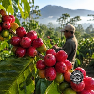 May include: A cluster of bright red coffee cherries on a branch with green leaves. The cherries are round and glossy, some showing hints of yellow and green. A circular black and white logo with the text Mincraft Coffee Roasters is visible.