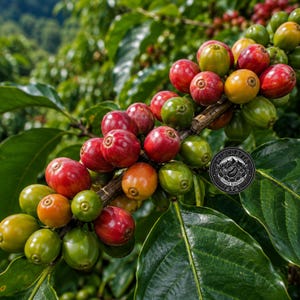 May include: A coffee plant branch laden with clusters of ripening coffee cherries in shades of vibrant red, yellow, and green. A circular black logo with the text Mincrafta Coffee Roasters is visible on the right side among the glossy green leaves.
