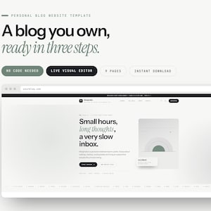 Könnte beinhalten: Eine persönliche Blog-Website-Vorlage mit dem Text A blog you own, ready in three steps. Die Oberfläche enthält Schaltflächen für no code needed, live visual editor, 9 pages und instant download und zeigt ein klares, weißes Web-Layout.