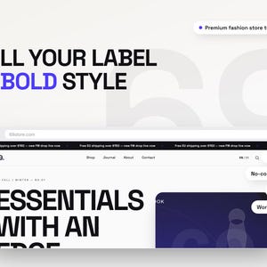 May include: A digital mockup of a website template titled 69. Sell Your Label In Bold Style. The interface features a navigation bar with Shop, Journal, About, Contact, and a search icon. The page displays text reading Essentials With An Edge.