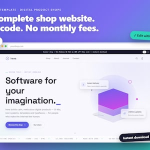 May include: A digital website template for online shops featuring a clean interface with the text Software for your imagination, a purple hexagonal graphic, and navigation menus. The layout includes buttons for browsing the shop and story.