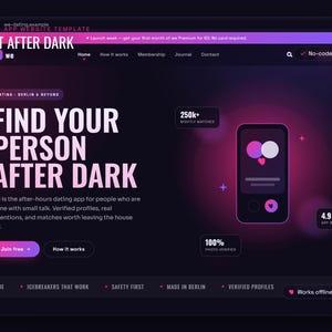 Peut inclure: Un modèle de site web pour application de rencontre intitulé Meet After Dark sur fond sombre. L'interface présente un arrière-plan noir avec des dégradés violets, du texte blanc, un graphique de smartphone et des boutons Join free et How it works. Il affiche 250k+ nightly matches et une note de 4.9.