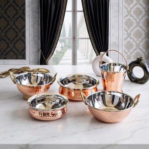 Handmade Steel Copper Serving Set Kadhai Handi Bucket Indian Serveware