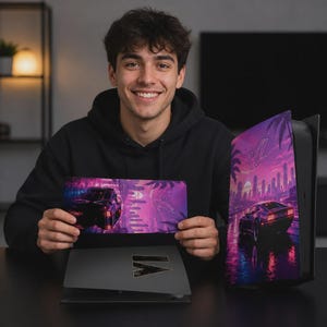 May include: A console skin set featuring a vibrant purple and pink retro-futuristic cityscape with a sports car. The design includes a stylised logo and palm tree silhouettes. The set includes a rectangular console cover and a matching controller skin.