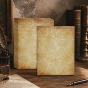 May include: Two rectangular wooden blocks with a light tan, textured, parchment-like finish. The blocks are positioned upright, with one slightly behind the other, displaying a weathered, aged appearance with subtle variations in color and tone.