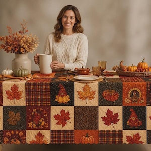 May include: A rectangular quilted tablecloth featuring a patchwork design of autumn-themed squares. The pattern includes orange and red maple leaves, pumpkins, turkeys, and gnomes set against black, cream, and plaid backgrounds with a scalloped edge.