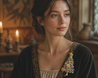 Puede incluir: Un broche dorado con forma de árbol, adornado con pequeñas piedras preciosas de colores en forma de flor en tonos rosa, azul, verde y amarillo. El broche está prendido en una prenda de terciopelo verde oscuro con una capa beige y ribete.