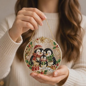May include: A circular hanging ornament featuring a family of three penguins decorated with colourful crystals. The penguins wear hats and scarves, surrounded by holly leaves, berries, and snowflakes. A gold chain is attached to the top for hanging.