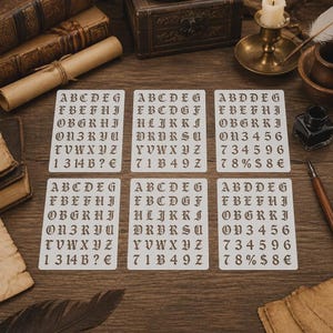 Set di stencil per calligrafia gotica, modelli riutilizzabili di lettere e numeri in stile antico inglese per arte, artigianato e pittura.