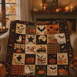 Manta de franela vintage de Halloween con retazos de bruja, calabaza, fantasma y polilla.