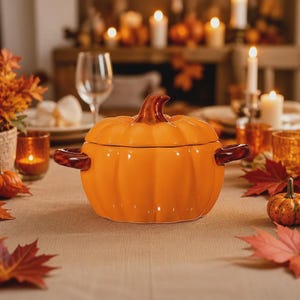 Ceramic Pumpkin Casserole Pot with Lid, Handles, for Thanksgiving Halloween Soup Stew