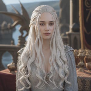Può includere: Una persona con lunghi capelli ondulati bianco platino, acconciati con trecce intricate sulla sommità del capo. Indossa un indumento a maniche lunghe grigio chiaro testurizzato con scollo a V decorato da un ornamento centrale in metallo argentato.