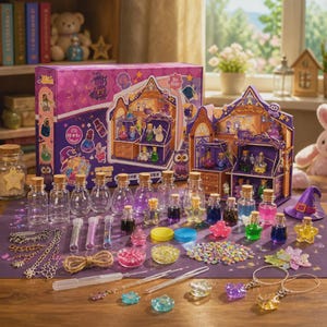 Puede incluir: Un kit de manualidades con una caja morada que muestra una tienda de magos en miniatura, numerosas botellas de vidrio pequeñas, tintes líquidos, dijes en forma de estrella, cadenas de metal, tubos de purpurina, cuerda y herramientas para pociones.