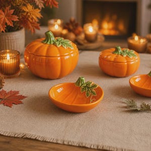 May include: A collection of orange ceramic pumpkin-shaped dishes and lidded containers featuring green stems and leaves. The set includes a large lidded pumpkin, a smaller lidded pumpkin, and two open pumpkin-shaped bowls arranged on a textured surface.