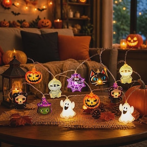 May include: A string of LED Halloween lights featuring various illuminated figures including orange jack-o'-lanterns, white ghosts, a purple spider web, a green-faced witch, a black cat, a mummy, and a skull, all connected by a thin wire.