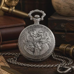 Steampunk-Drachen-Taschenuhr-Halskette, Vintage-Quarz-Anhängerkette für Damen und Herren, silberbronze