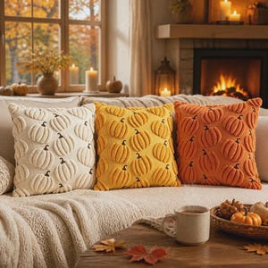 Könnte beinhalten: Drei quadratische Dekokissen mit einem erhabenen, texturierten Kürbismuster. Die Kissen sind in einer Reihe angeordnet und in den Farben Creme, Senfgelb und gebranntem Orange gehalten, mit einer strickartigen Oberfläche.