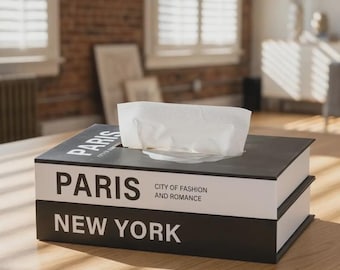 Decorative Faux Book Tissue Box Cover, Elegant Paris New York Design
