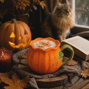 May include: A ceramic mug shaped like a pumpkin with a glossy orange finish, a scalloped rim, and a green vine-textured handle. The mug is filled with a creamy beverage topped with a dusting of brown spice, creating a warm and seasonal aesthetic.