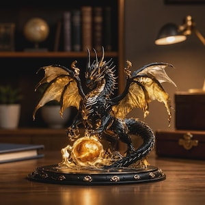 May include: A black and gold dragon figurine standing on a circular base. The dragon has detailed scales, large wings with translucent golden membranes, and sharp claws. It is positioned over a glowing, spherical orb of light at its feet.