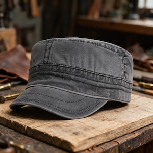 May include: A charcoal gray military-style cadet cap made of a washed cotton fabric. The hat features a flat top, a structured crown, and a short, curved brim with reinforced double-stitched detailing along the seams and the edge of the visor.