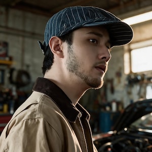 May include: A dark blue newsboy cap featuring thin white vertical pinstripes. The cap has a structured crown, a short stiff brim, and a small adjustable strap detail on the side. The fabric appears to be a textured cotton or denim material.