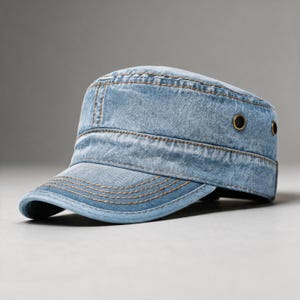 May include: A light blue denim military-style cap featuring a flat top, a short curved brim, and brown contrast stitching. The sides of the cap include two small circular metal ventilation eyelets with dark centers for airflow and structure.