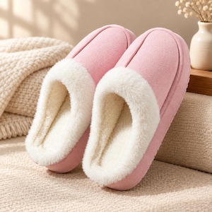 May include: A pair of light pink slip-on slippers featuring a soft, white faux fur lining that extends to the collar. The exterior has a smooth, matte finish with a rounded toe design and a visible seam running along the top of the footbed.