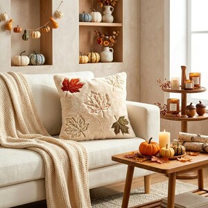 May include: A cream-coloured faux fur throw cushion featuring embroidered maple leaf designs in shades of red, brown, and gold. The square cushion rests on a white sofa draped with a matching cream-coloured knit throw blanket, surrounded by autumn decor.