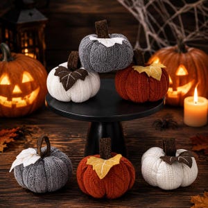 May include: A collection of six small, round, knit fabric pumpkins in shades of grey, white, and burnt orange. Each pumpkin features a brown fabric stem and a single felt leaf in white, brown, or yellow. The pumpkins are arranged on a black stand.