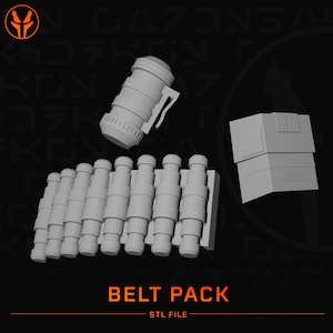 May include: A gray 3D model set labeled BELT PACK STL FILE, featuring a cylindrical canister with a clip, a rectangular pouch with a segmented front, and a curved rack holding eight identical cylindrical canisters in a horizontal row.