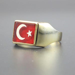Men's Turkish Flag Signet Ring, Sterling Silver Crescent Star Enamel Band